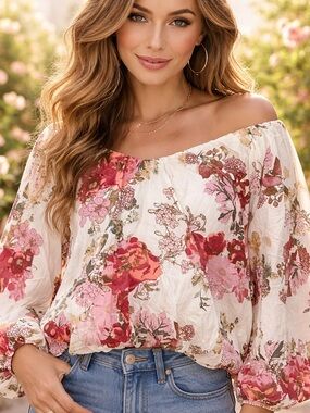 Maurices Women’s Cropped Victorian Floral Bubble Hem Double Layer Blouse XXL